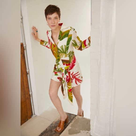 Farm Rio Spring Forest Long Sleeve Linen Blend Minidress - Picture 4 of 13